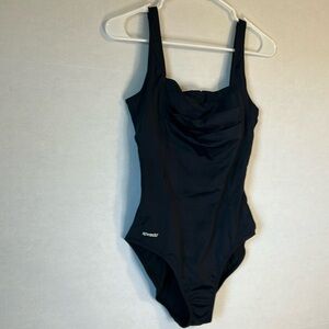 Speedo Square Cascade Neck CrissCross Back Straps 1 Piece Black Swimsuit Sz 10